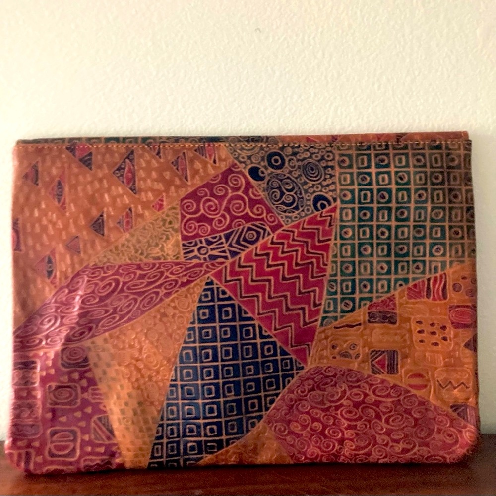 Vintage Huge Tooled Leather Patchwork Envelope Cl… - image 4